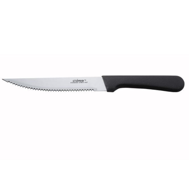 Winco K-60P - 5" Steak Knife, Pointed Tip, Black Handle