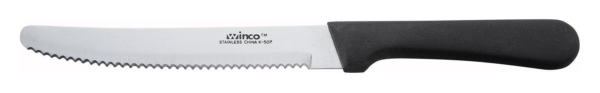 Winco K-50P - Steak Knife, 5" Rounded Tip Blade, Black Handle, Stainless Steel