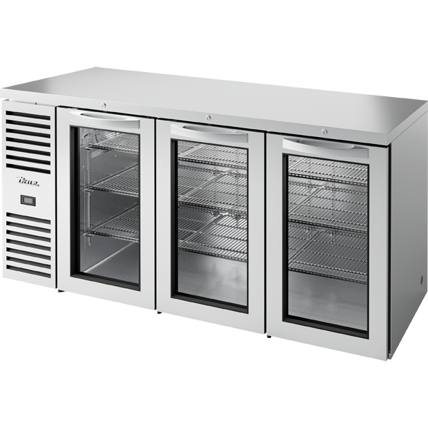 True TBR72-RISZ1-L-S-GGG-1 - 72" 3 Glass Door Back Bar Refrigerator, Stainless
